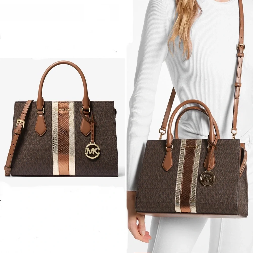 Michael Michael Kors MK Logo Sheila Medium Signature Metallic Satchel Purse